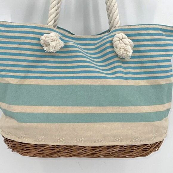 Striped Canvas Womens Wicker Tote Shoulder Beach Bag Blue & White Large NWOT - Picture 2 of 6
